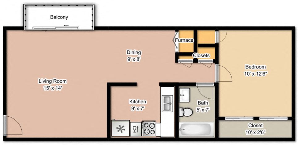 Floor plan for 1 bed, 1 bath, 710 sqft